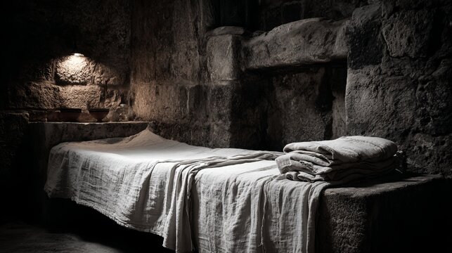 Ancient stone chamber with a simple bed dramatically lit, revealing deep shadows and textured walls, perfect background concept