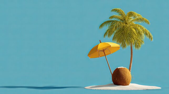 Vibrant yellow umbrella and palm tree sitting atop a small sandy island, representing a tropical vacation concept