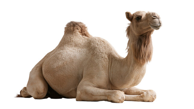 Full body side view of a resting dromedary camel with light brown fur
