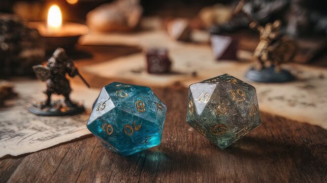 Sack of purple and teal marbled polyhedral role-playing game (RPG) dice with gold-painted numbers, 