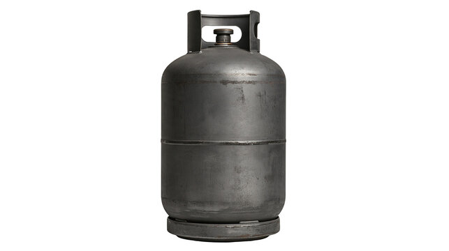 Dark grey metal LPG gas cylinder with valve and protective collar