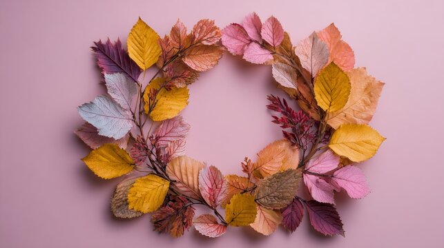 Delicate autumn leaves creating a wreath against a soft blush pink background, symbolizing seasonal transition and natural beauty