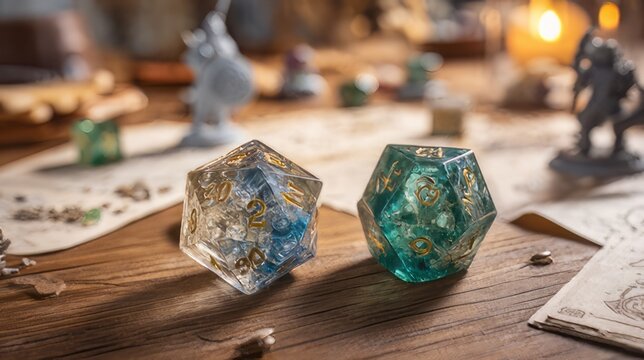 Sack of purple and teal marbled polyhedral role-playing game (RPG) dice with gold-painted numbers, 