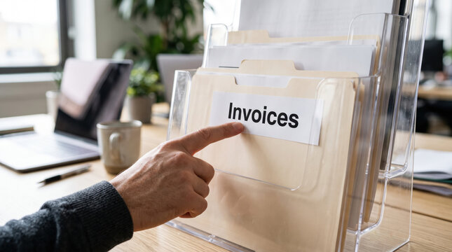 Hand points to an invoice folder inside an acrylic organizer on an office desk.
