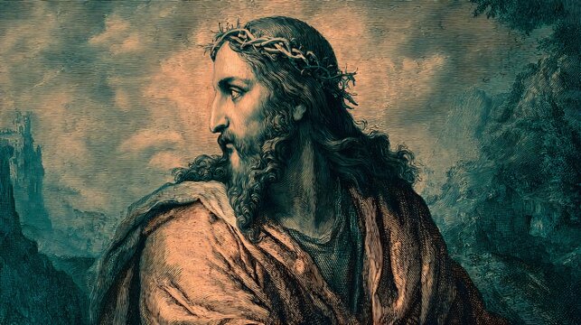Jesus Christ, crown of thorns, pensive expression, contemplating suffering, dramatic light, religious concept for faith and sacrifice