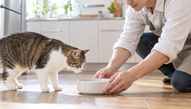 猫の水の器を置く男性の手元