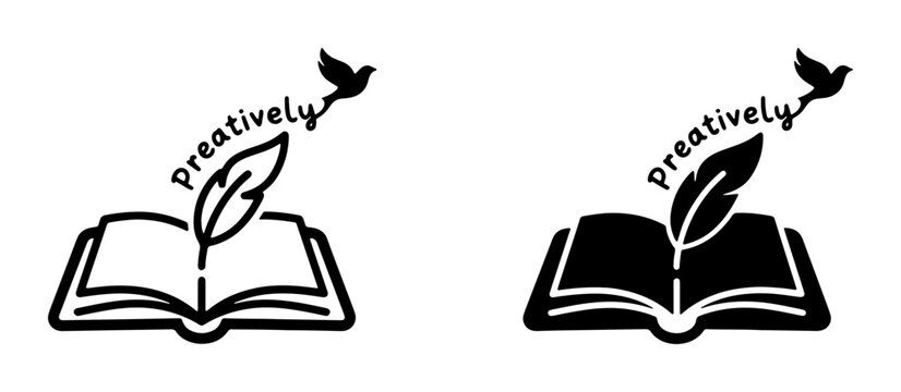 Open book with feather and bird icon for writing