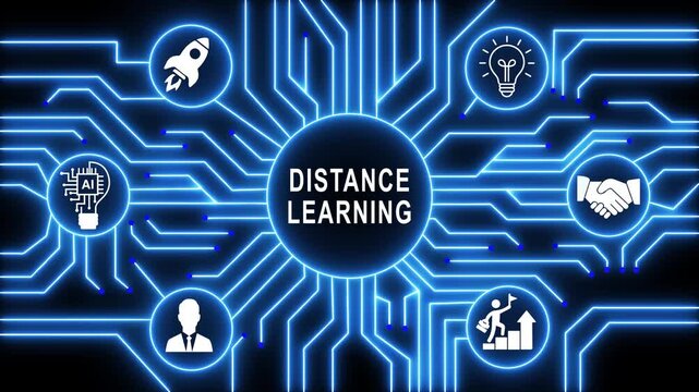 Distance learning concept with glowing blue circuit board animation featuring for online education, digital schooling, e-learning platforms, and remote academic knowledge systems