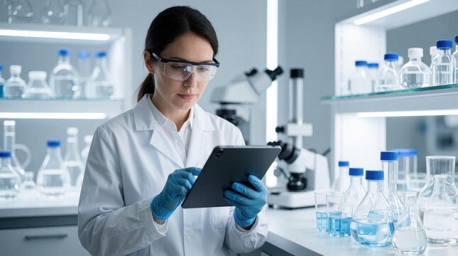 Female scientist in white coat, blue gloves uses digital tablet in modern biotech lab. Young researcher reviews clinical data, research results near microscope, glass bottles. Pro woman performs