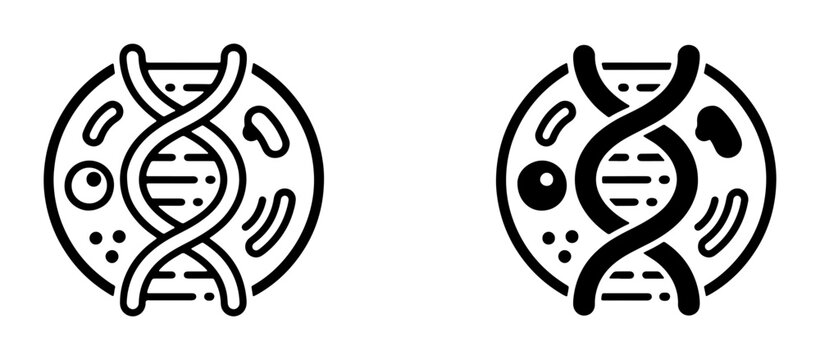 DNA helix and cell icons set for science, biology, and medicine logos