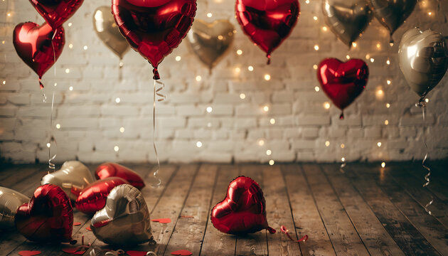 Romantic Valentine party room with heart shaped balloons. Love celebration and anniversary surprise concept. Red and gold helium balloons floating over a rustic wooden floor with bokeh