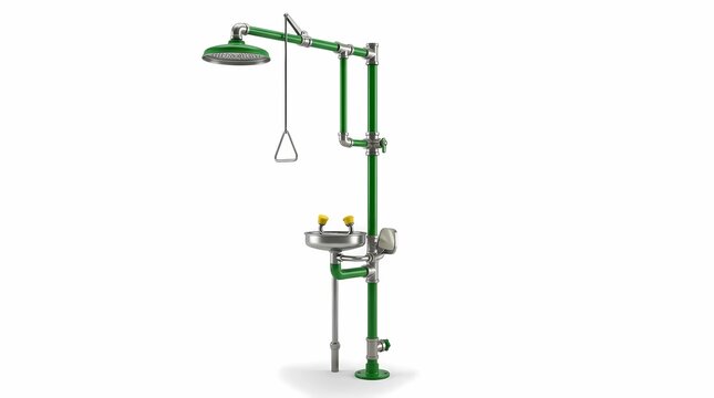 Industrial emergency eye wash and safety shower station for chemical hazard protection 3d rendering