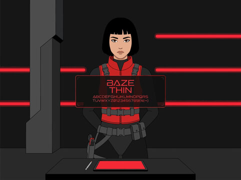 Futuristic Cyberpunk Anime Woman in Red Tactical Vest with Holographic Interface, Sci-Fi Female Character Design Illustration