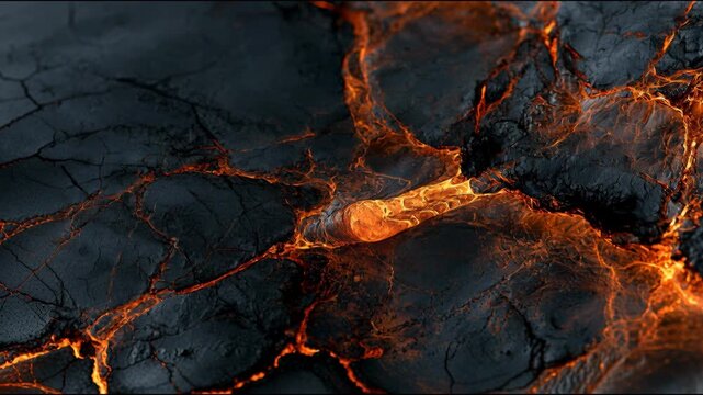 Cracked black volcanic rock with glowing molten lava, photographic texture on a dark background, symbolizing heat and power
