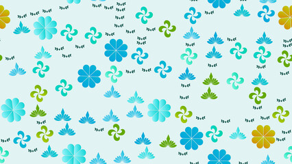 Seamless pattern of stylized blue, green, and yellow floral motifs © cris