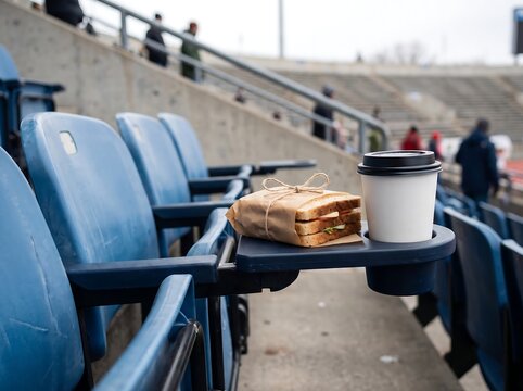 Stadium seat with coffee cup and paper bag on cup holder, blue plastic chairs in sports arena, fan snack and drink at game, concession takeaway, blurred background.
