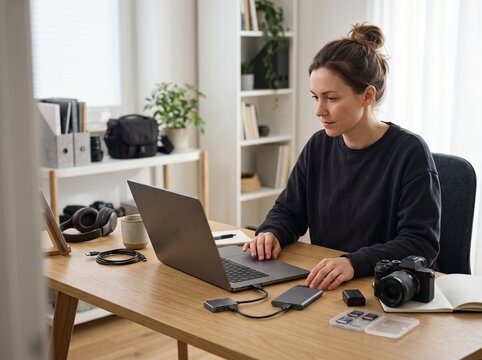 Content creator backing up video footage to external SSD