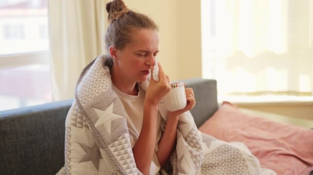 A woman sits on a gray couch, holding a cup in one hand and a tissue in the other. She has a blanket draped over her shoulders and appears to be feeling unwell