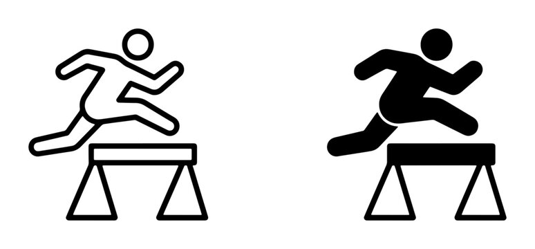 Hurdle race runner silhouette and line icon set for sports and fitness