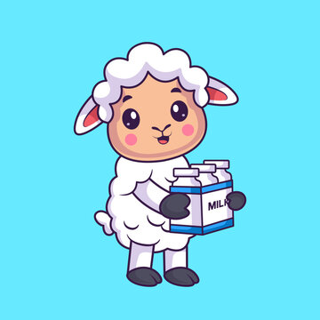 Cute Sheep Holding Milk Bottle Cartoon 