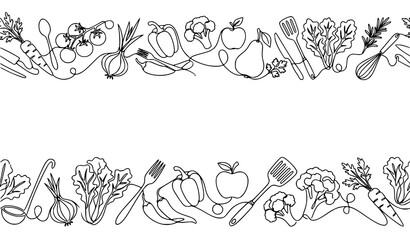 Obraz premium Decorative botanical border design featuring hand drawn fruits, vegetables, leaves, flowers, and natural food elements