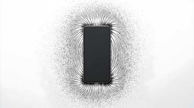 Top view of a black smartphone with a dark blank screen surrounded by black iron filings forming magnetic field lines on a white background