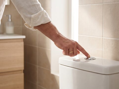 Close up of person finger pushing flushing button on white ceramic toilet cistern for water management and sustainable household practices in bathroom.