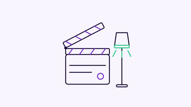 Animated flat film clapper light icon in a minimal vector style, snapping in a smooth 4K seamless loop. The symbol sits isolated in the centre of a bright light background in purple and violet, leavin