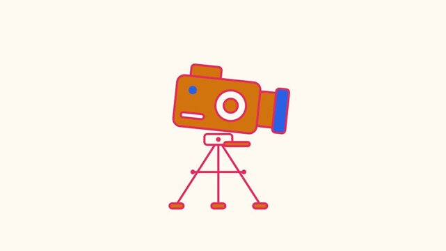 Seamless 4K looping animation of a flat camera tripod icon panning lens, centred on a clean light background with plenty of copy space. Bold outlined vector shapes in orange and amber and smooth repea