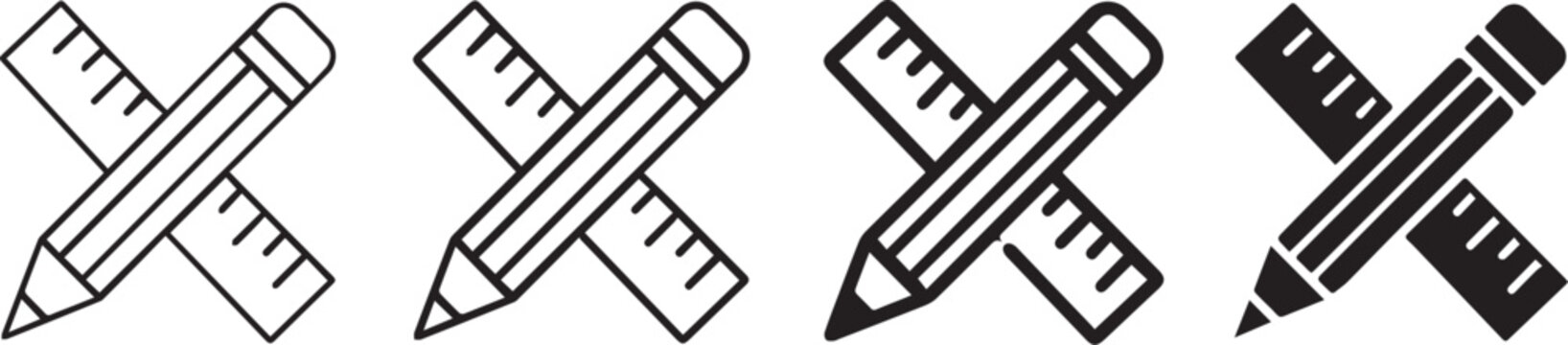Minimalist crossed pencil and ruler icons, technical drawing tools for architectural design, school supplies vector set, black linear and solid drafting equipment symbols for modern web UI.
