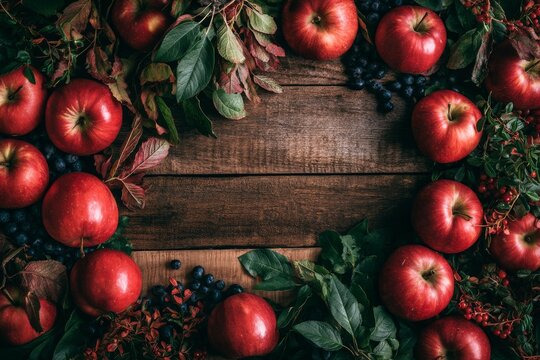 Early autumn flat lay, ripe red apples, dark blueberries, arranged around the outer borders of the frame
