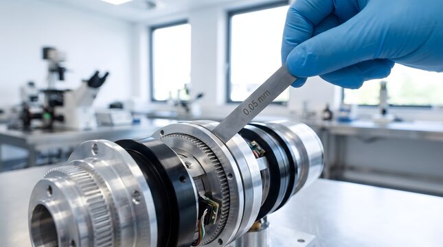 Gloved hand measuring precise gap on industrial machine part with feeler gauge.