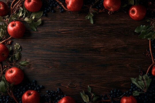 Early autumn flat lay, ripe red apples, dark blueberries, arranged around the outer borders of the frame