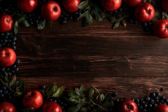 Early autumn flat lay, ripe red apples, dark blueberries, arranged around the outer borders of the frame