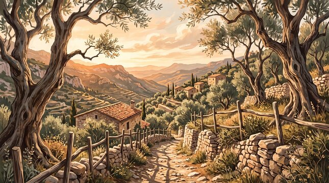 Idyllic Mediterranean village path at sunset