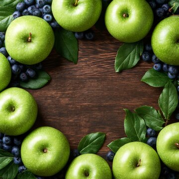 Early autumn flat lay, ripe green apples, dark blueberries, arranged around the outer borders of the frame, dark wooden backdrop