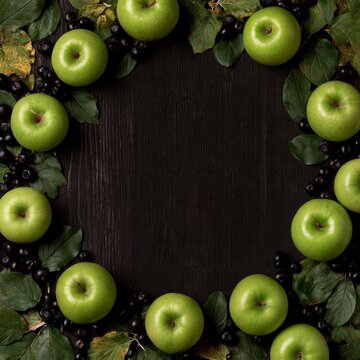 Early autumn flat lay, ripe green apples, dark blueberries, arranged around the outer borders of the frame, dark wooden backdrop