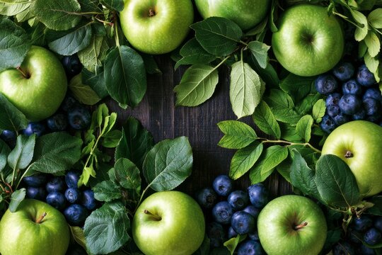 Early autumn flat lay, ripe green apples, dark blueberries, arranged around the outer borders of the frame, dark wooden backdrop