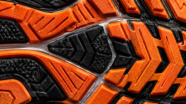 Extreme macro texture of complex bright orange and black running shoe rubber tread