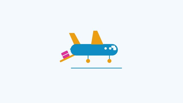 Animated flat cargo plane icon in a minimal vector style, loading crate in a smooth 4K seamless loop. The symbol sits isolated in the centre of a bright light background in blue and azure, leaving roo