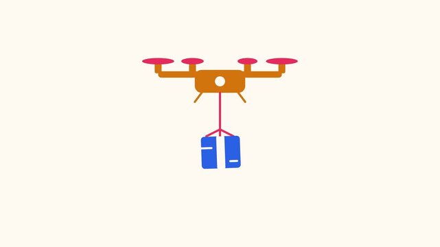 Animated flat delivery drone icon in a minimal vector style, lowering package in a smooth 4K seamless loop. The symbol sits isolated in the centre of a bright light background in orange and amber, lea