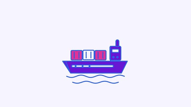 Seamless 4K looping animation of a flat container ship icon rocking waves, centred on a clean light background with plenty of copy space. Bold outlined vector shapes in blue and azure and smooth repea