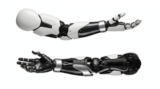 High tech bionic prosthetic arm designs with carbon fiber and white.