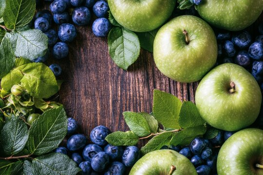 Early autumn flat lay, ripe green apples, dark blueberries, arranged around the outer borders of the frame, dark wooden backdrop