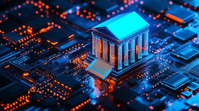 Futuristic digital banking temple shining brightly with glowing neon blue and orange circuit board lights in cyberspace