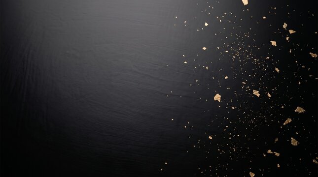 Deep black Japanese lacquer texture background with delicate gold leaf fragments, elegant minimal copy space for luxury branding