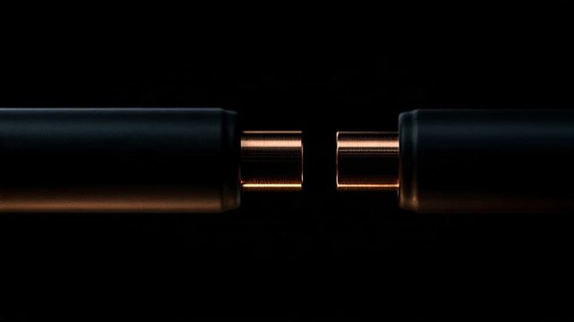 Close-up of black cylindrical connectors with copper highlights, photographic style, on dark background, suggesting connection