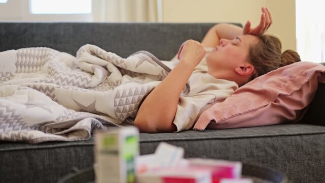 A person is lying on a couch covered with a blanket. The individual has one hand on their forehead and appears to be feeling sick in a living room during the day