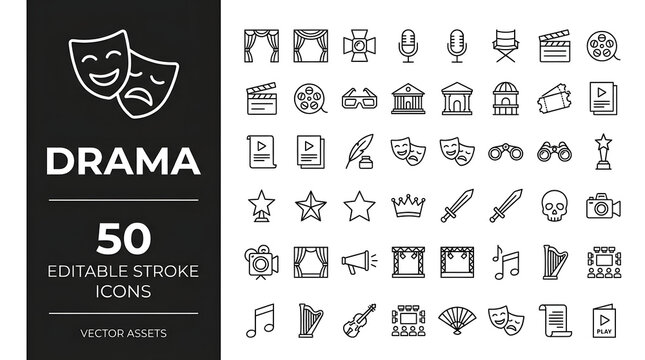 Set of fifty drama and theater line icons for cinema and performing
