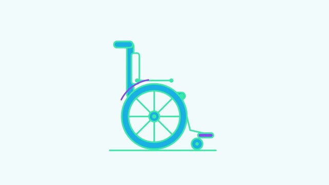 Seamless 4K looping animation of a flat wheelchair icon rolling wheel forward, centred on a clean light background with plenty of copy space. Bold outlined vector shapes in teal and turquoise and smoo